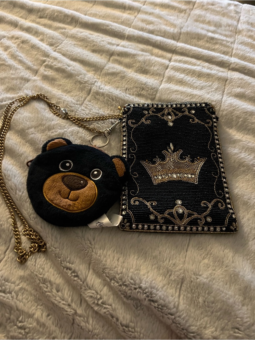 Cell phone  Black Crown Beaded Crossbody Bag with Bear Coin Purse